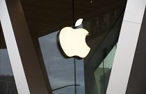 An Apple logo adorns the facade of the downtown Brooklyn Apple store in New York.