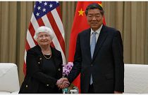 وزيرة الخزانة الأمريكية جانيت يلين تصافح نائب رئيس مجلس الدولة الصيني هي ليفينج