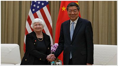 وزيرة الخزانة الأمريكية جانيت يلين تصافح نائب رئيس مجلس الدولة الصيني هي ليفينج