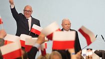 Conservative Law and Justice party leader Jaroslaw Kaczynski, right, joins supporters during Poland's local and regional elections in Warsaw, Poland, Sunday April 7, 2024.