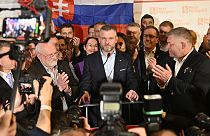 Presidential candidate Peter Pellegrini, centre, addresses supporters at his headquarters after a presidential runoff in Bratislava, Slovakia, early Sunday, April 7, 2024.