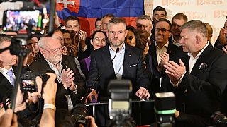 Presidential candidate Peter Pellegrini, centre, addresses supporters at his headquarters after a presidential runoff in Bratislava, Slovakia, early Sunday, April 7, 2024.