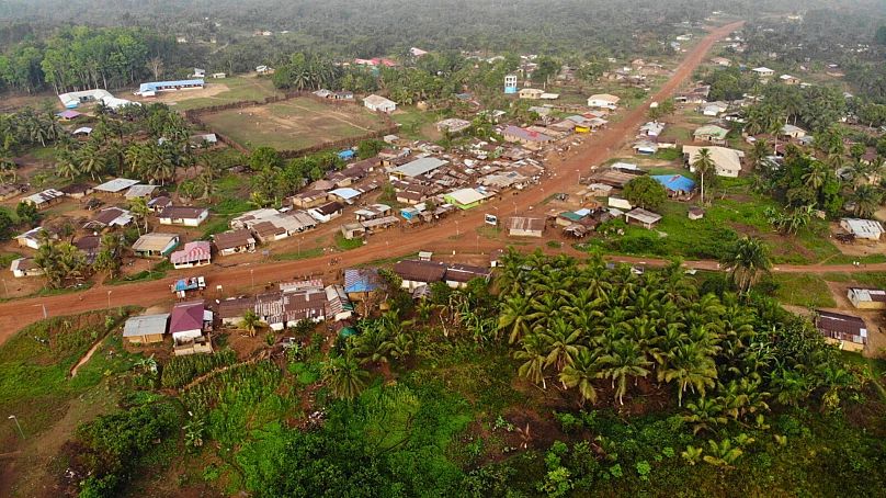 Yarkpa Town stands out in the surrounding rainforest in Rivercess County, Southeast Liberia, 6 March 2024.