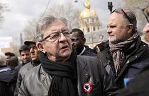 Far-left politician Jean-Luc Melenchon attends a demonstration on Thursday, April 6, 2023 in Paris.