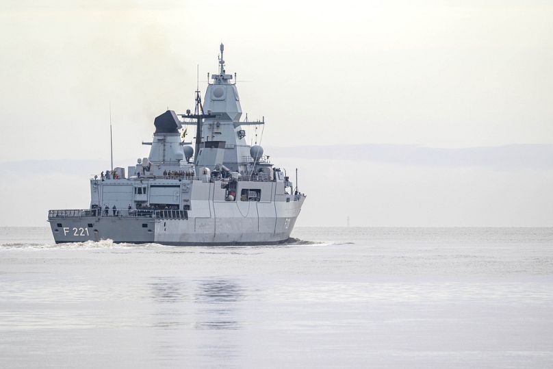 The frigate "Hessen" leaves the port at Wilhelmshaven, Germany, Thursday, Feb. 8, 2024 for the Red Sea.