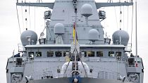 A view of the frigate "Hessen" in the harbour, in Wilhelmshaven, Germany, Thursday, Feb. 8, 2024, prior to departing for the Red Sea. 
