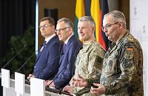 German Army Chief Lt. Gen. Alfons Mais, right, speaks during a media joint conference with Lithuanian Chief of Defence Gen. Valdemaras Rupsys and Lithuanian Defense Minister.