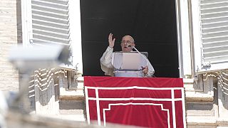 Pope Francis delivers the Regina Coeli prayer in St. Peter's Square, at the Vatican, Sunday, April 7, 2024.
