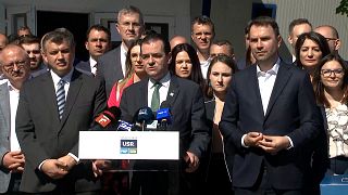 Representatives of the United Right Alliance at a press conference. 