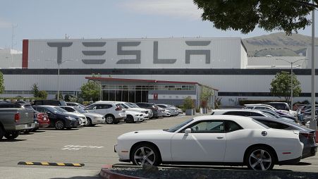 Vehicles are seen parked at the Tesla car plant.