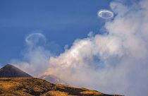 Volcanic vortex rings emerge from a new pit crater on the north side of the southeast crater of the Etna Volcano in Sicily, Italy, 5 April 2024. 