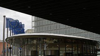 European Union flags flap in the wind outside EU headquarters in Brussels, Friday, April 5, 2024. 