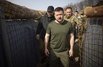 In this photo provided by the Ukrainian Presidential Press Office, Ukrainian President Volodymyr Zelenskyy inspects the fortification lines in Kharkiv, Ukraine, April 9, 2024.