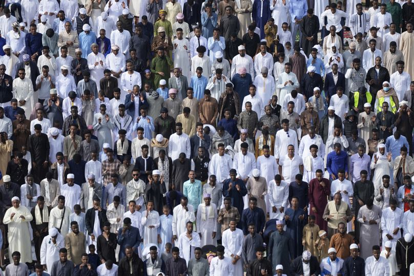 Muslim devotees offer Eid al-Fitr prayers to mark the end of Ramadan, the Islamic holy month of fasting, in Nairobi, Kenya Wednesday, 10 April 2024.