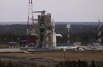 In this photo taken from video released by Roscosmos space corporation on Wednesday, April 10, 2024 an Angara-A5 rocket is seen prior to the launch at Vostochny space facility
