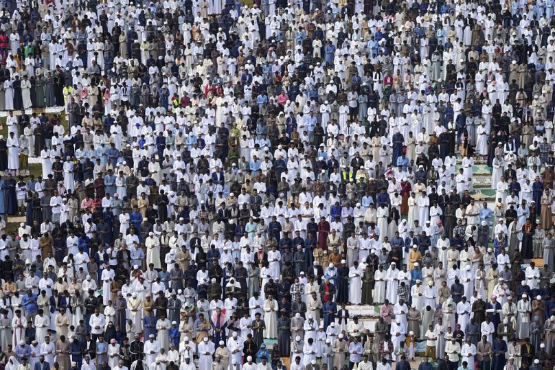 Muslim devotees offer Eid al-Fitr prayers to mark the end of Ramadan, the Islamic holy month of fasting, in Nairobi, Kenya Wednesday, April. 10, 2024.