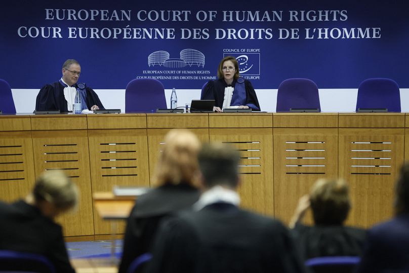 President of the European Court of Human Rights Síofra O&apos;Leary, centre speaks on 9 April.