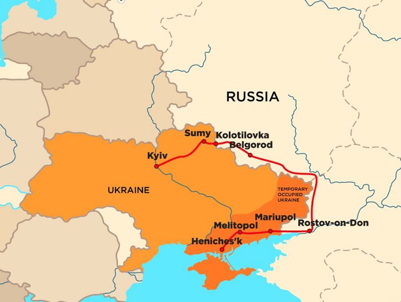 Valeriia's route from the occupied Ukrainian territories to Ukraine.