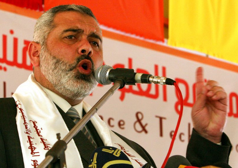 Palestinian Prime Minister Ismail Haniyeh of Hamas, delivers a speech in Gaza City, 8 April 2006