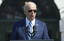 President Joe Biden speaks during a State Arrival Ceremony for Japanese Prime Minister Fumio Kishida on the South Lawn of the White House, Wednesday, April 10, 2024