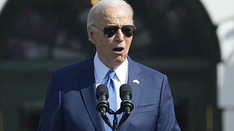 President Joe Biden speaks during a State Arrival Ceremony for Japanese Prime Minister Fumio Kishida on the South Lawn of the White House, Wednesday, April 10, 2024