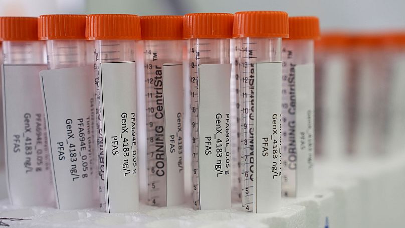 Vials containing PFAS samples sit in a tray, Wednesday 10 April 2024, at a US Environmental Protection Agency lab in Cincinnati.