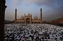 Devout Muslims offer Eid al-Fitr prayer, marking the end of the fasting month of Ramadan at Jama Masjid, in New Delhi, India, Thursday, April 11, 2024. 