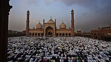 Devout Muslims offer Eid al-Fitr prayer, marking the end of the fasting month of Ramadan at Jama Masjid, in New Delhi, India, Thursday, April 11, 2024. 