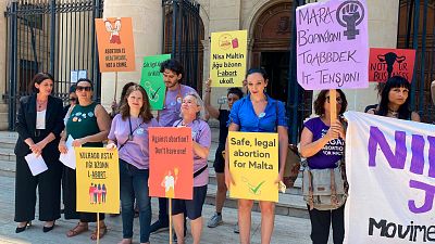 A pro-abortion protest outside the Maltese law courts in Valletta, Malta.