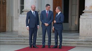 Charles Michel, presidente del Consejo Europeo junto al presidente del Gobierno de España, Pedro Sánchez y el primer ministro de Polonia, Donald Tusk
