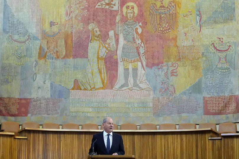 German Chancellor Olaf Scholz delivers a speech at the Charles University in Prague, Czech Republic, Monday, Aug. 29, 2022.