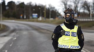 Un agente de seguridad sueco con una máscara de gas 