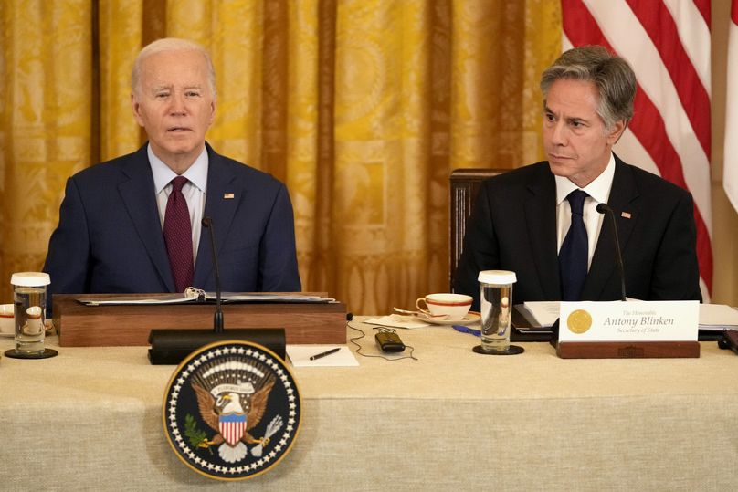 President Joe Biden, left, and Secretary of State Antony Blinken at a meeting in the White House in Washington, Thursday, April 11, 2024.