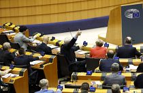 Members of European Parliament participate in a series of votes as they attend a plenary session at the European Parliament in Brussels, Wednesday, April 10, 2024. 