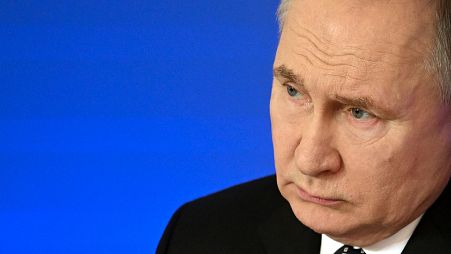 Russian President Vladimir Putin attends the Russian Federation of Independent Trade Unions' congress in Moscow, Russia, Thursday, April 4, 2024.