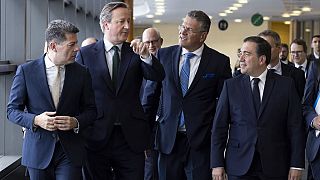 Picardo, Cameron, Sefcovic and Albares during their meeting in Brussels.