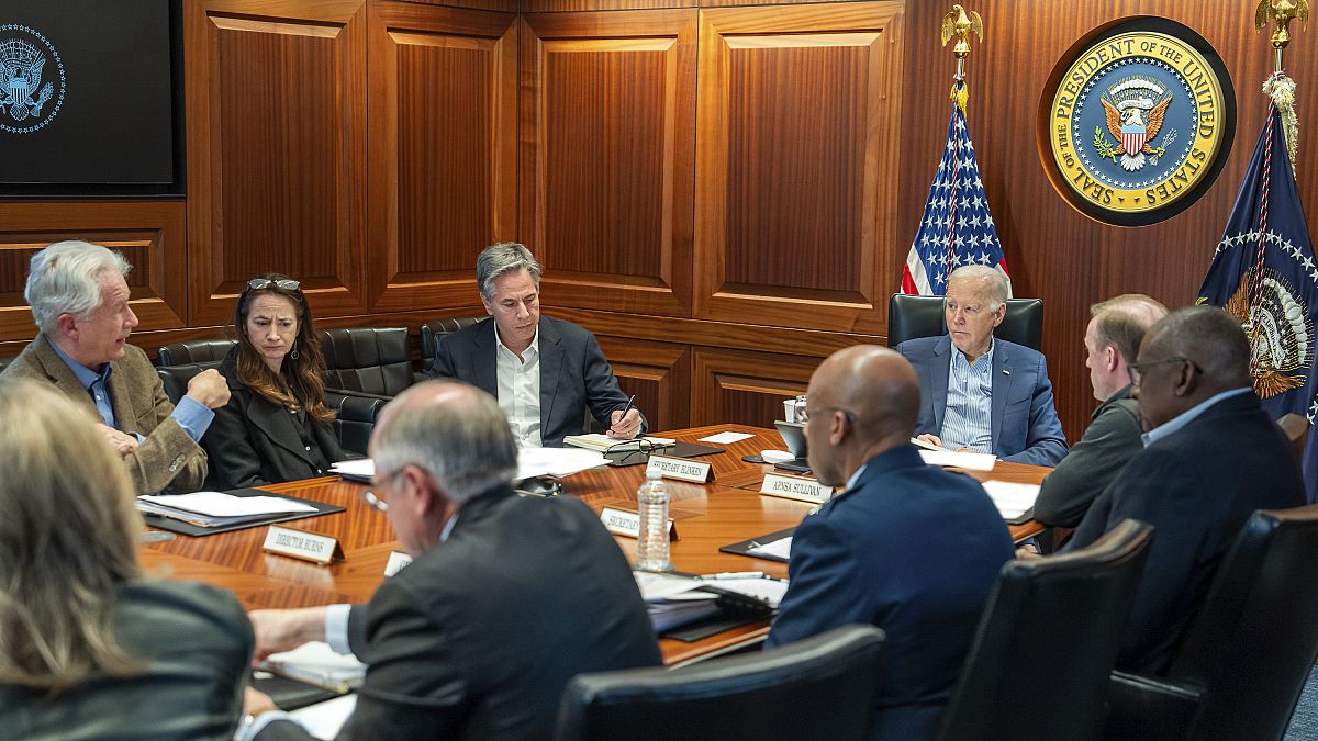 President Joe Biden with members of the National Security team regarding the unfolding missile attacks on Israel from Iran, Saturday, April 13, 2024