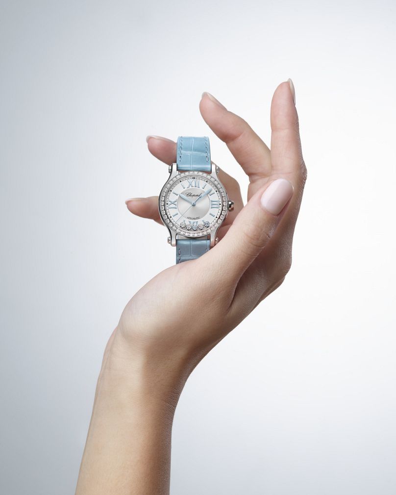 Chopard's new limited-edition Happy Sport watch features a pale blue alligator leather strap.