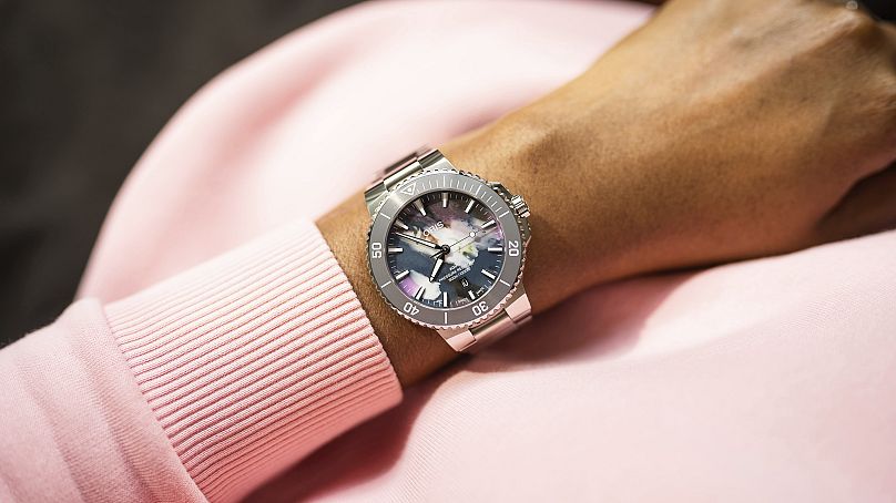 Oris' Aquis Date Upcycle comes in a variety of different sizes. CEO Rolf Studer says it's one of the brand's most popular watches with women.