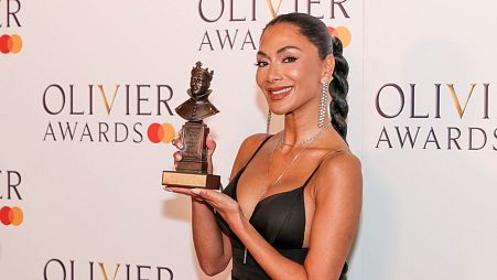 Nicole Scherzinger, winner of the best actress in a musical award for "Sunset Boulevard", poses during the Olivier Awards on Sunday, April 14, 2024
