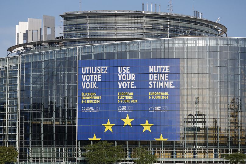 A giant canvas promoting the European elections is seen on the European Parliament Thursday, April 11, 2024 in Strasbourg, eastern France.