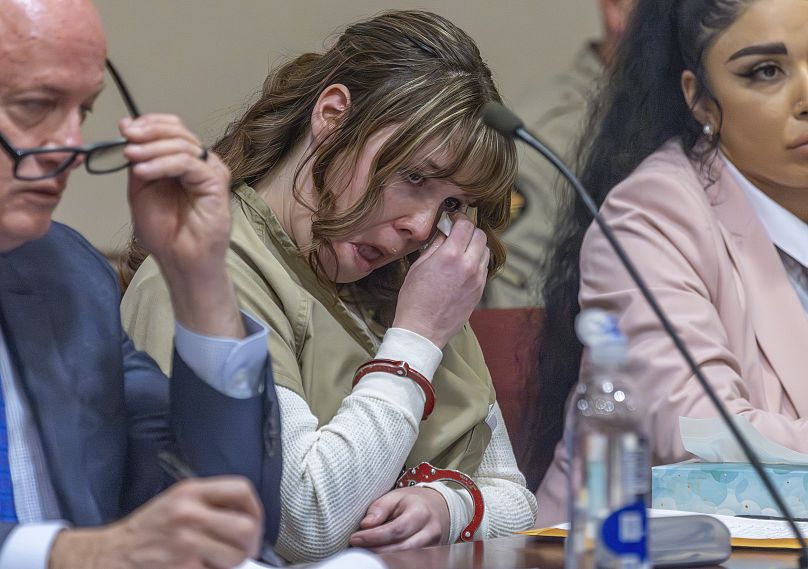 Hannah Gutierrez-Reed wipes her tears at her sentencing hearing in state district court in Santa Fe, New Mexico, on Monday, April 15, 2024.