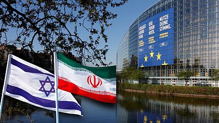 پارلمان اروپا در استراسبورگ/پرچم‌های ایران و اسرائیل