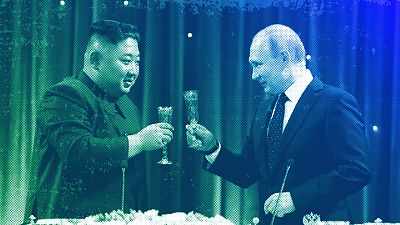 North Korean leader Kim Jong Un, left, toasts with Russian President Vladimir Putin in Vladivostok, April 2019
