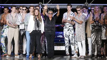 Italian designer Roberto Cavalli after presenting the Roberto Cavalli men's Spring-Summer 2015 collection, part of the Milan Fashion Week.