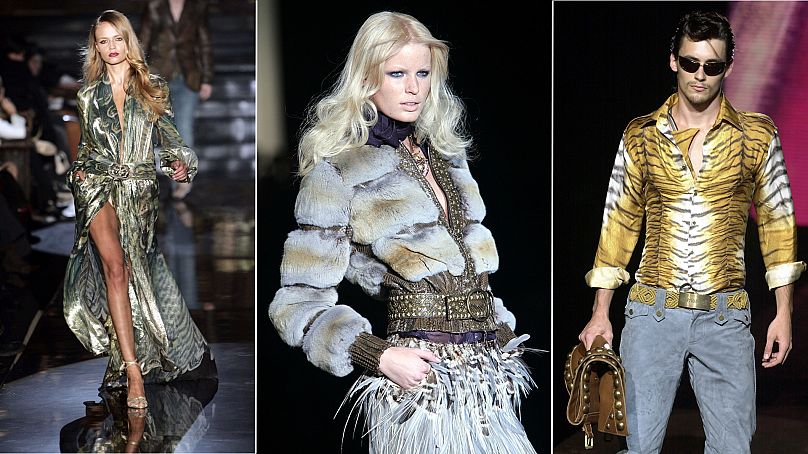 Roberto Cavalli's collections were often inspired by the natural world, incorporating feathers, fur and animal prints.