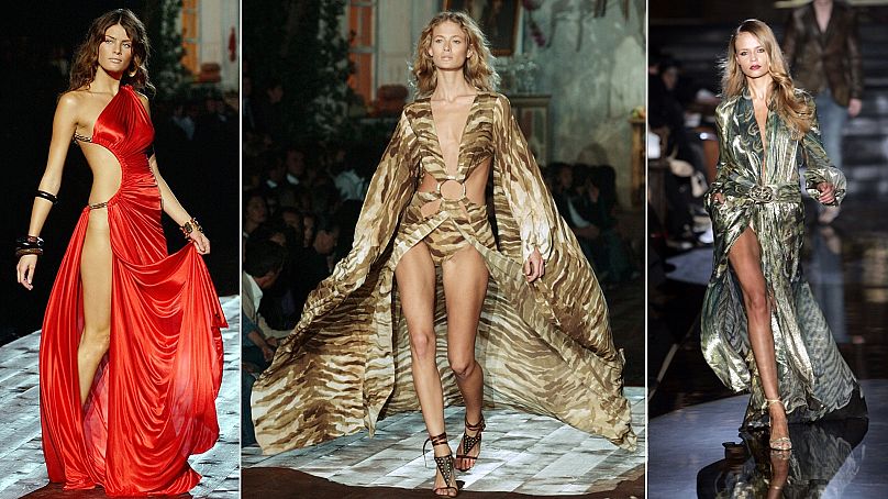 Roberto Cavalli's looks were known for their sexy silhouettes and bold prints, often inspired by the animal world.