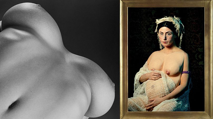 Left: Robert Mapplethorpe, Breasts/Lisa Marie, 1987, Gelatin silver print, 61 x 53.3 cm. Right: Cindy Sherman, Untitled #205, from the History Portraits series, 1989.