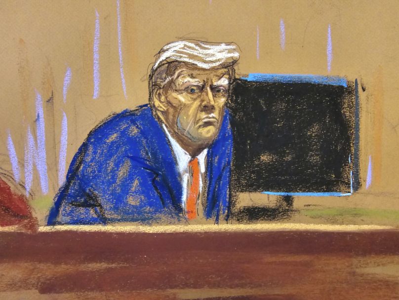 Courtroom sketch of Donald Trump, in Manhattan state court in New York, Monday, April 15, 2024.