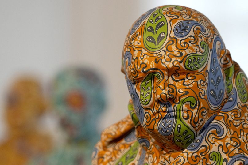 Artist Yinka Shonibare's fibreglass sculpture of Winston Churchill is showcased at the Suspended States exhibition at Serpentine South in London, 11 April 2024.